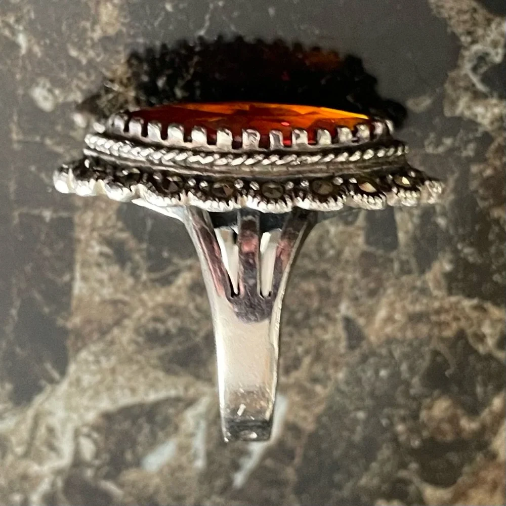 Vintage Amber Glass and Marcasite Marquis sterling silver ring